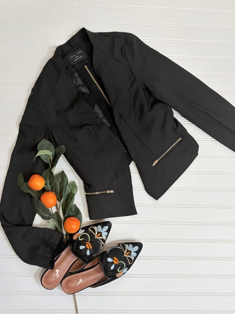 Love Tree Zipper Mesh Open Front Cropped Blazer